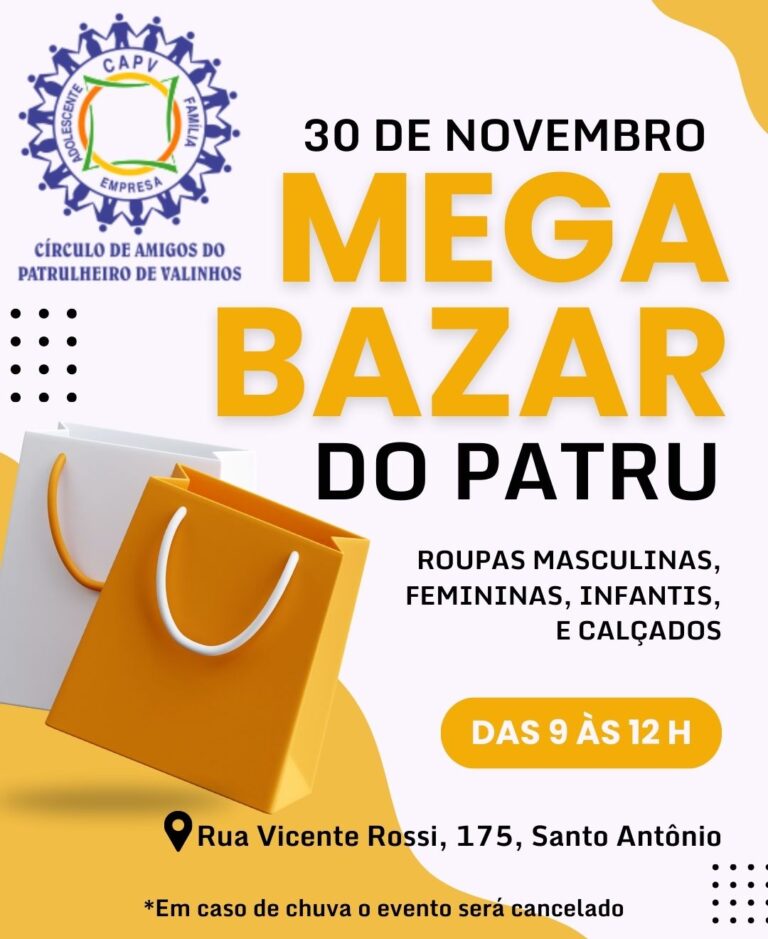 Read more about the article Vem aí mais um Bazar do Patru Dia 30 de novembro das 9 às 12 horas