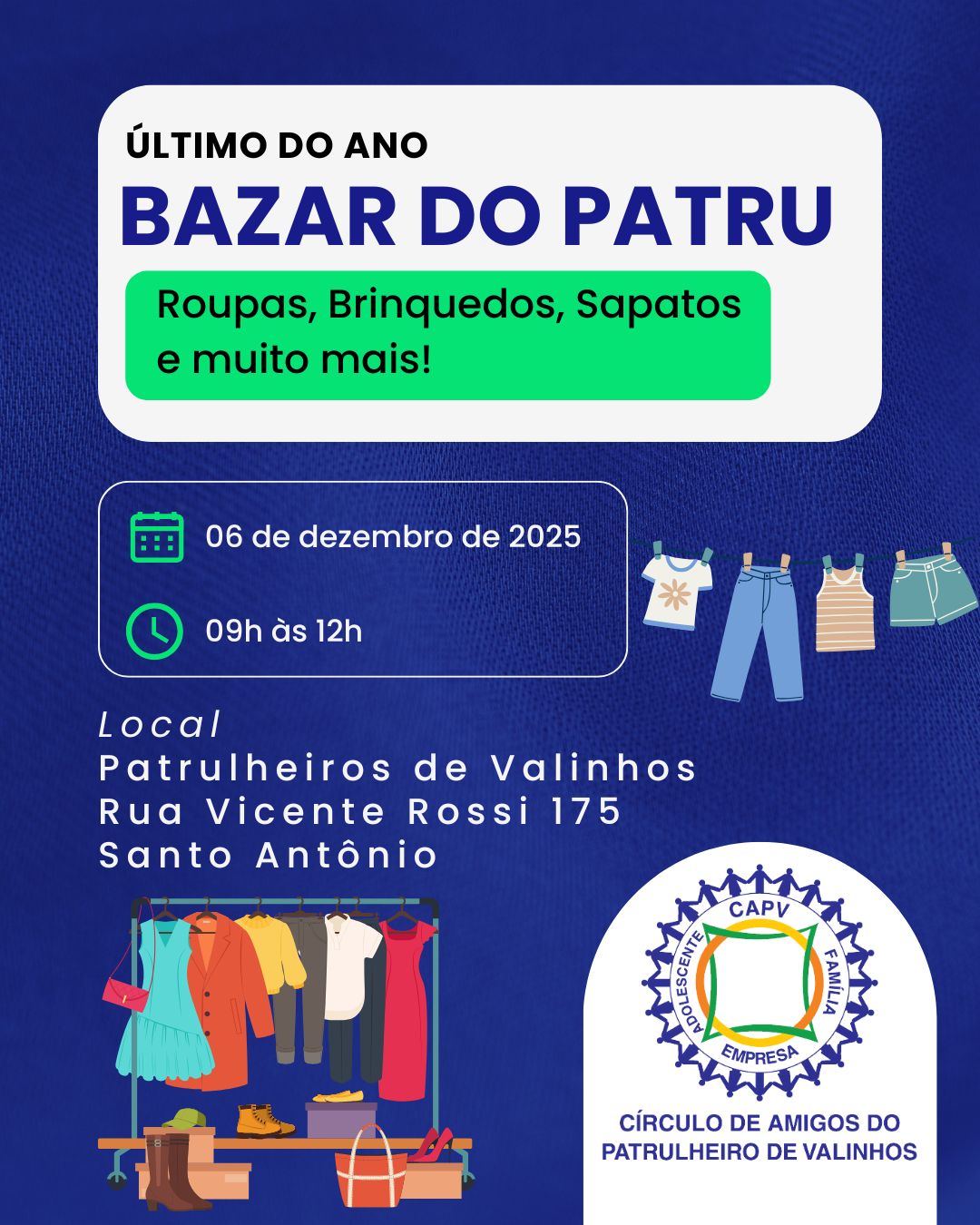 Read more about the article Patrulheiro realiza Bazar Solidário no dia 6 de dezembro com grandes ofertas