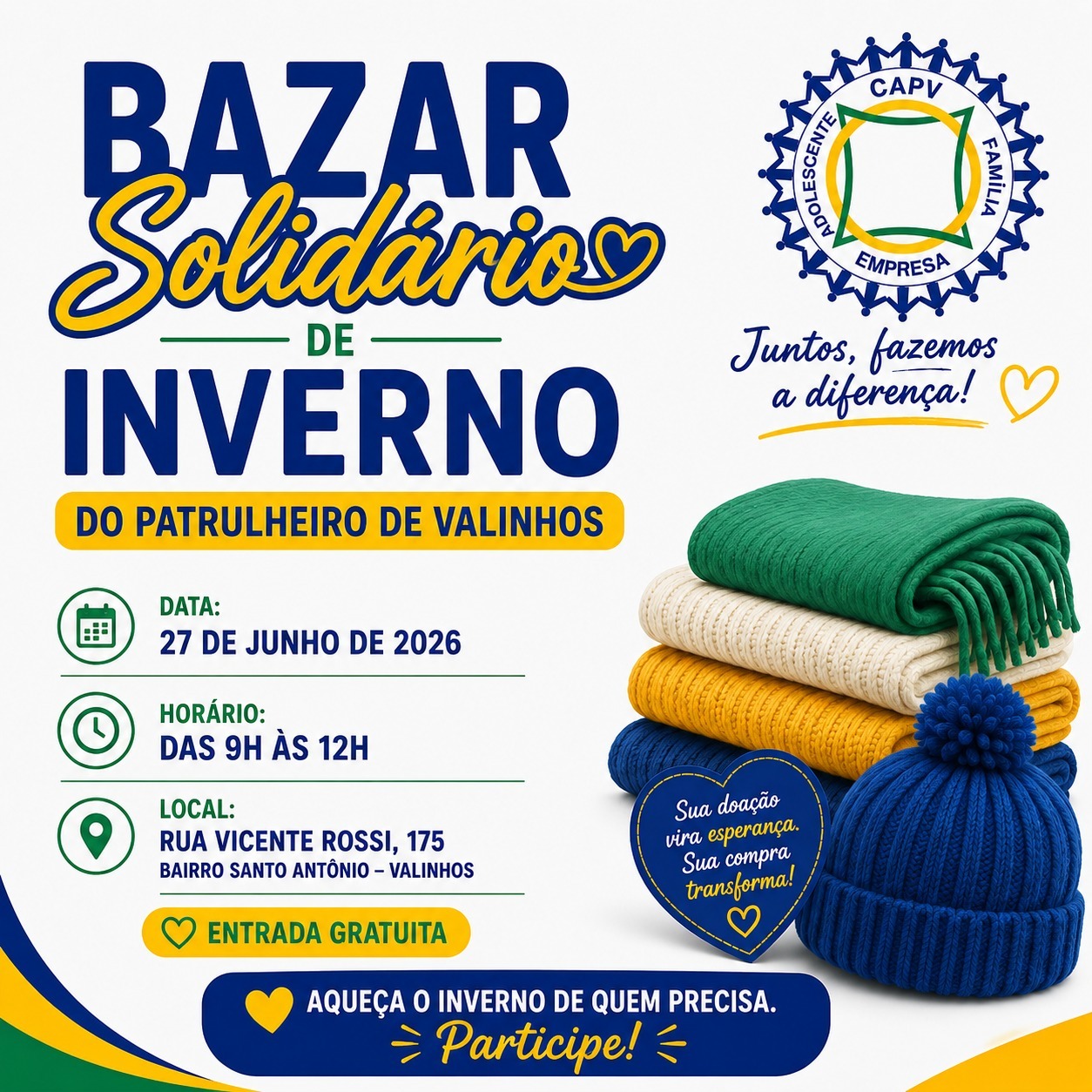 Read more about the article Solidariedade e boas oportunidades. Sábado tem Bazar de Inverno do Patrulheiro de Valinhos